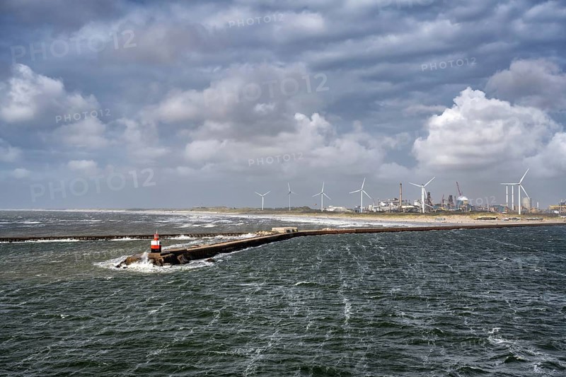 Noordpier Wijk Aan Zee, wind turbines and the steelworks of Tata Steel, North Holland, Netherlands