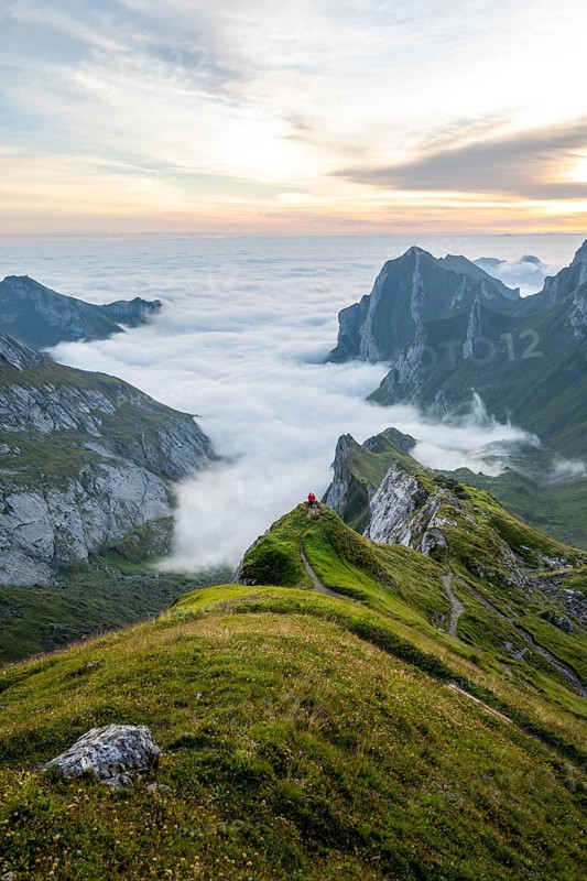 View over Säntis mountains into the valley of Meglisalp at sunrise, Rotsteinpass, high fog in the valley, Säntis, Appenzell Ausserrhoden, Appenzell Alps, Switzerland, Europe