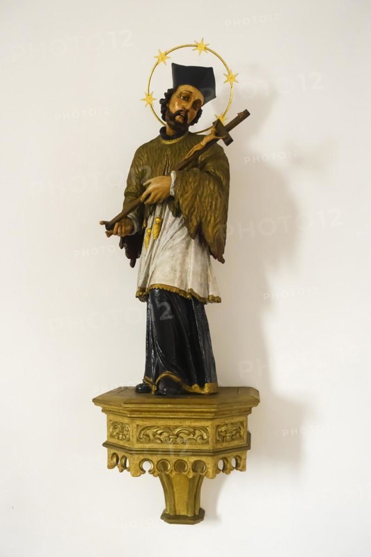 St. John Nepomuk Catholic Church, sacred art, Christian art, statue, figurine, male saint, cross, Krutzifix, halo, long robe, Wilflingen, Langenenslingen parish, Baden-Württemberg, Germany, Europe