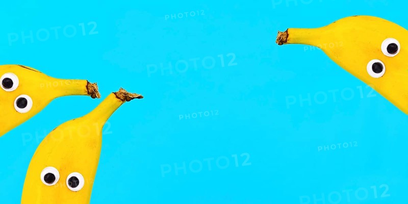 Banner with banana fruits with funny googly eyes on bright blue background with copy space