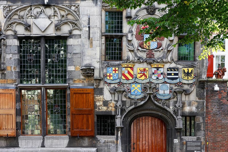 Historic city centre of Delft, Gemeenlandshuis van Delfland, oldest stone-built house in Delft, Gothic-style town hall, magnificent portal with coat of arms, Delft, South Holland, Netherlands