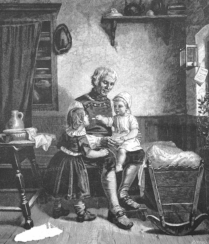 Breakfast, Grandfather with grandchildren at breakfast, in the living room, An elderly man sits on a chair and talks to two small children in a rural room with a jug on the table and a cradle