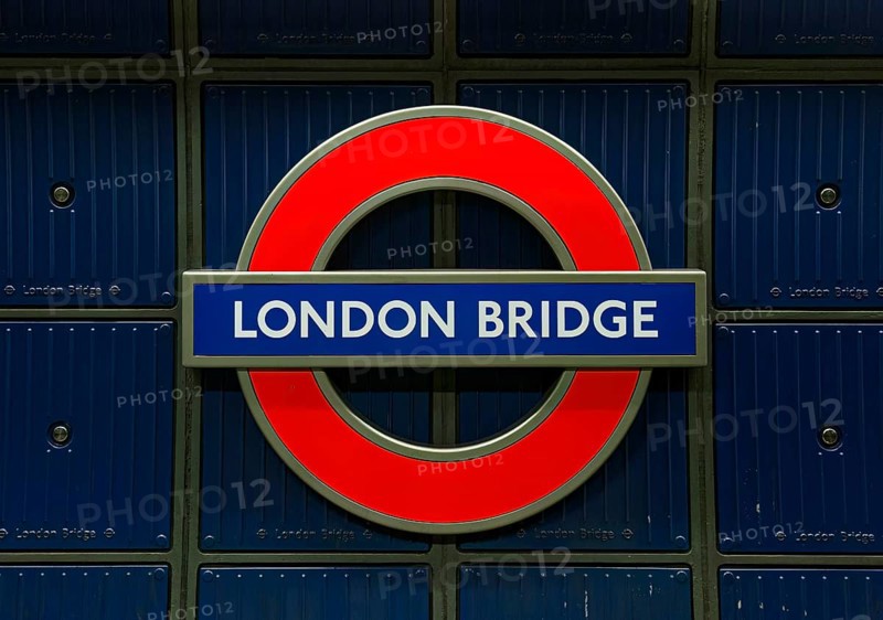 London Bridge' underground sign in blue and red, iconic for London's transport system, London, United Kingdom United Kingdom
