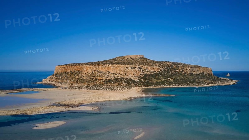 Aerial view of a rocky island with shallow coastline and blue water, Gramvoussa, Gramvoussa peninsula, Pirate Bay, Balos, lagoon, north-west Crete, Crete, Greek Islands, Greece, Europe