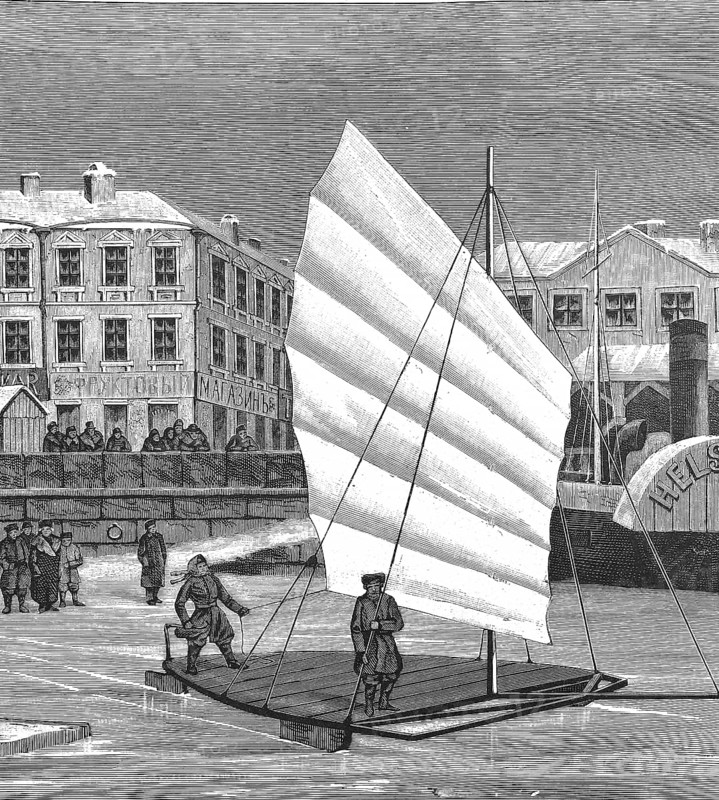 Iceboat with sail on the Neva near Saint Petersburg in Russia, Historical, digitally restored reproduction from a 19th century original, around 1890, Record date not stated