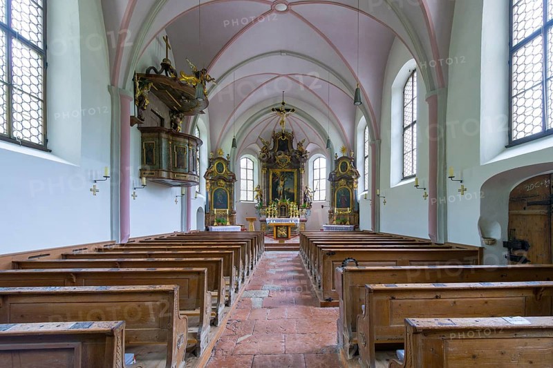 Parish church of St. Sebastian, interior with wooden benches and a central altar, high Gothic windows with stained glass, quiet and reverent atmosphere, Ramsau, Berchtesgadener Land, Bavaria, Germany, Europe