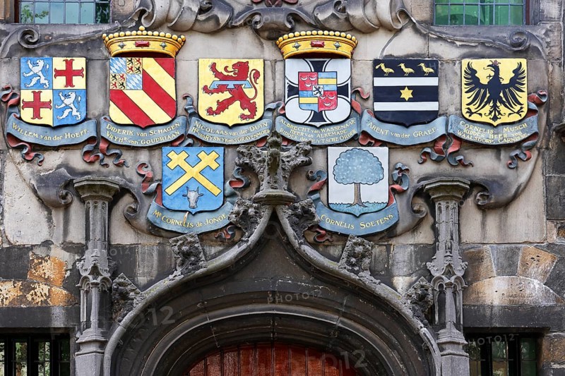 Historic city centre of Delft, Gemeenlandshuis van Delfland, magnificent portal with coat of arms, oldest stone-built house in Delft, town hall in late Gothic style, Delft, Zuid-Holland, South Holland, Netherlands