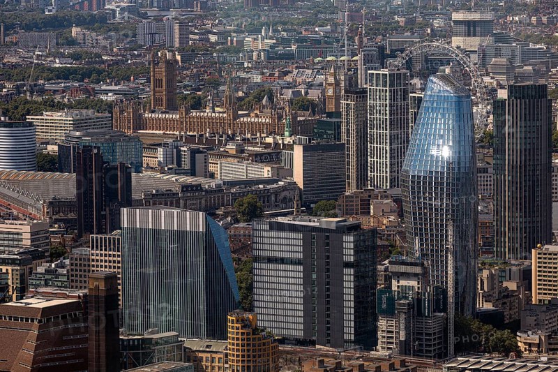 Aerial view of a modern city with skyscrapers and historic buildings, London, United Kingdom United Kingdom