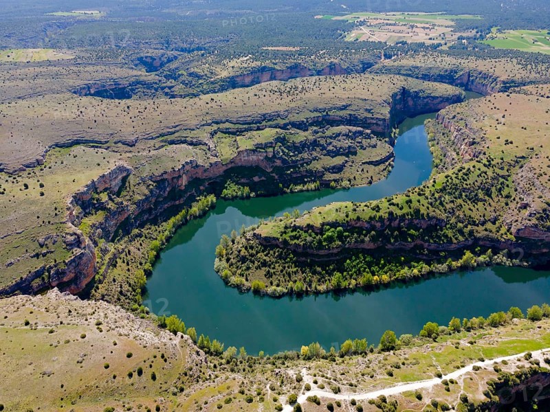 Expansive view of a river winding through deep gorges and hilly landscape, aerial view, gorge, Natural Park of the Gorges of the Duratón River, Duraton, Parque Natural de las Hoces del Río Duratón, Sepulveda, Segovia, Valladolid, Castilla y León, Spain, Europe