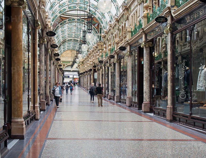 Leeds, west yorkshire, united kingdom, 16 july 2019: people shopping in county arcade a historic victoria shopping area in the victoria quarter in leeds