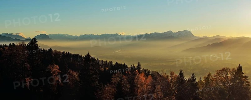 Rhine valley in the evening light, panoramic view from the Pfänder