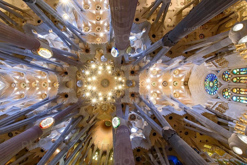 The ceiling of interior of Sagrada Familia (Church of the Holy Family), the cathedral designed by Gaudi in Barcelona, Spain, Europe