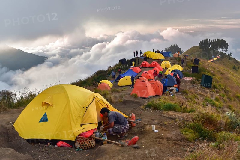 Hikers camping on Mount Rinjani, Lombok, Indonesia, Asia