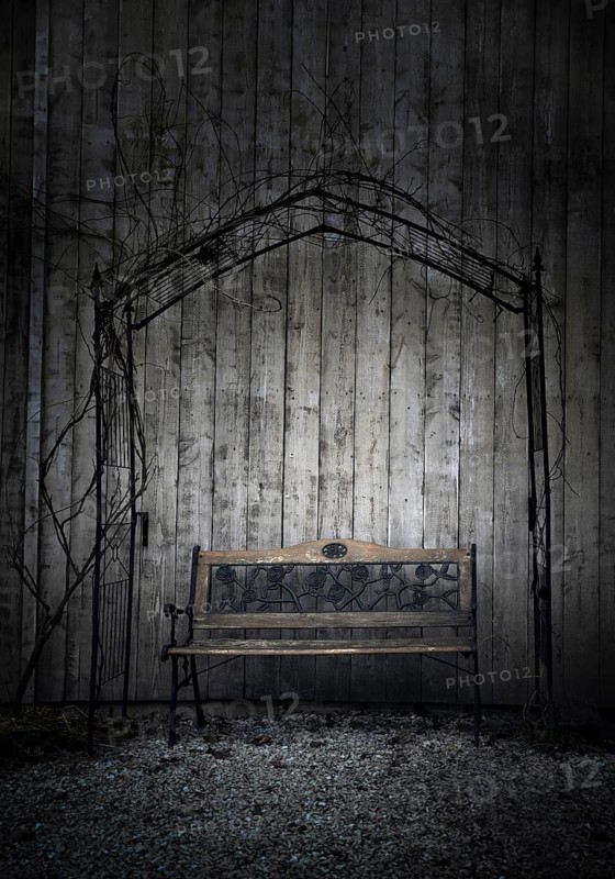 Retro garden bench near a wooden barn, in a cold day of january, under a metal arch