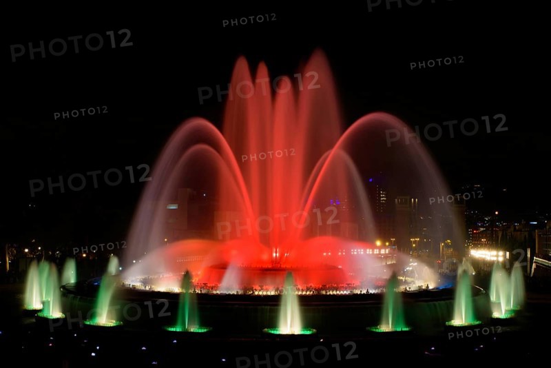 The colorful water show of Magic Fountain of Montjuic with light and music in Barcelona, Spain, Europe