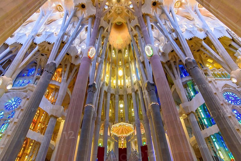 The interior of Sagrada Familia (Church of the Holy Family), the cathedral designed by Gaudi in Barcelona, Spain, Europe