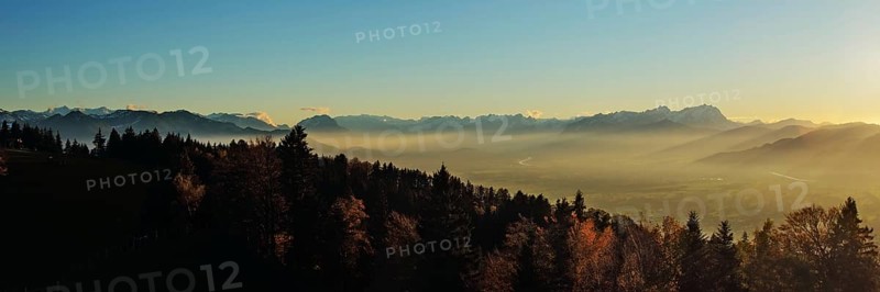 Rhine valley in the evening light, panoramic view from the Pfänder