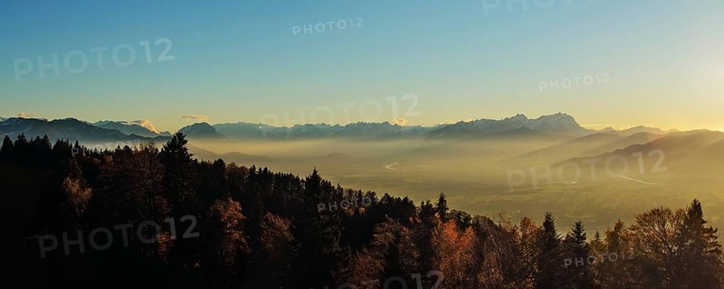 Rhine valley in the evening light, panoramic view from the Pfänder
