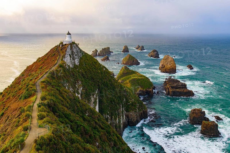 Nugget Point and lighthouse with sunrise at South Island, New Zealand, Oceania