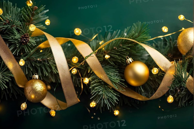 Christmas garland with golden ribbons intertwined with pine needles and tiny twinkling lights, creating a luxurious, festive feel, AI generated