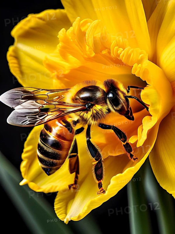 Honeybee collecting nectar from a vibrant yellow daffodil, showing intricate details of the flower and the bee, AI generated