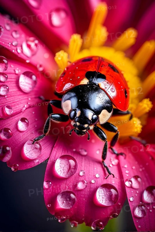 Ladybug crawling on a wet flower petal, with rain droplets, AI generated