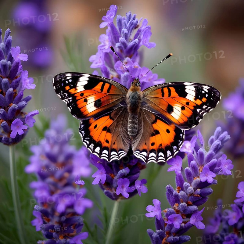 Butterfly resting on a blooming lavender plant, with its delicate wings fully spread and fine textures visible, AI generated