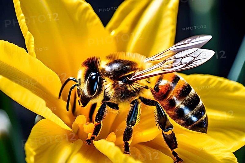 Honeybee collecting nectar from a vibrant yellow daffodil, showing intricate details of the flower and the bee, AI generated