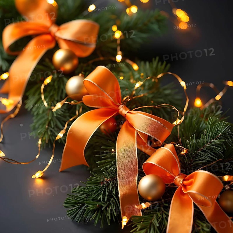 Christmas garland with gold and orange ribbons intertwined with pine needles and tiny twinkling lights, creating a luxurious, festive feel, AI generated