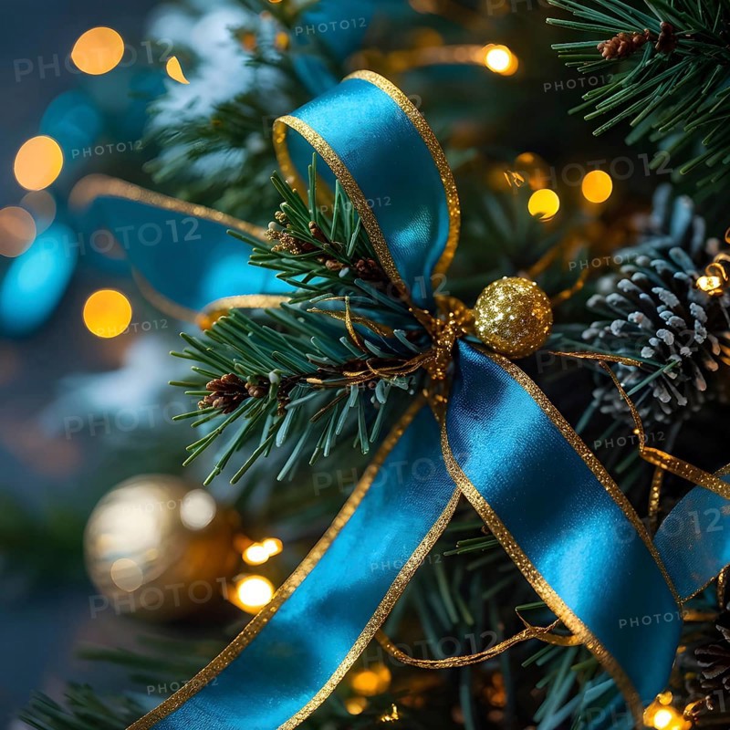 Christmas garland with gold and blue ribbons intertwined with pine needles and tiny twinkling lights, creating a luxurious, festive feel, AI generated