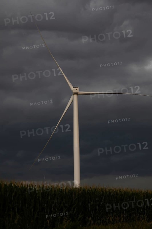 Adair, Iowa, A storm approaches wind turbines in western Iowa
