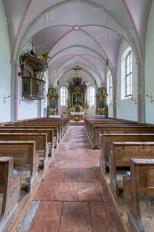 Parish church of St. Sebastian, interior with wooden benches and a central altar, high Gothic windows with stained glass, quiet and reverent atmosphere, Ramsau, Berchtesgadener Land, Bavaria, Germany, Europe