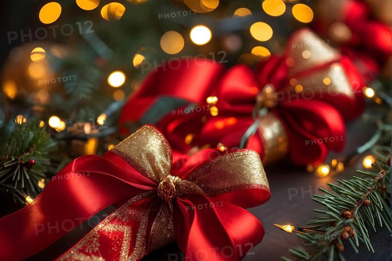 Christmas garland with gold and red ribbons intertwined with pine needles and tiny twinkling lights, creating a luxurious, festive feel, AI generated