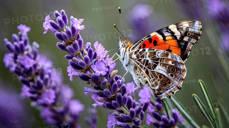 Butterfly resting on a blooming lavender plant, with its delicate wings fully spread and fine textures visible, AI generated
