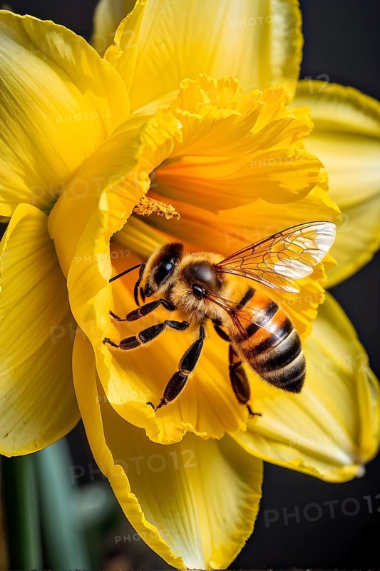 Honeybee collecting nectar from a vibrant yellow daffodil, showing intricate details of the flower and the bee, AI generated