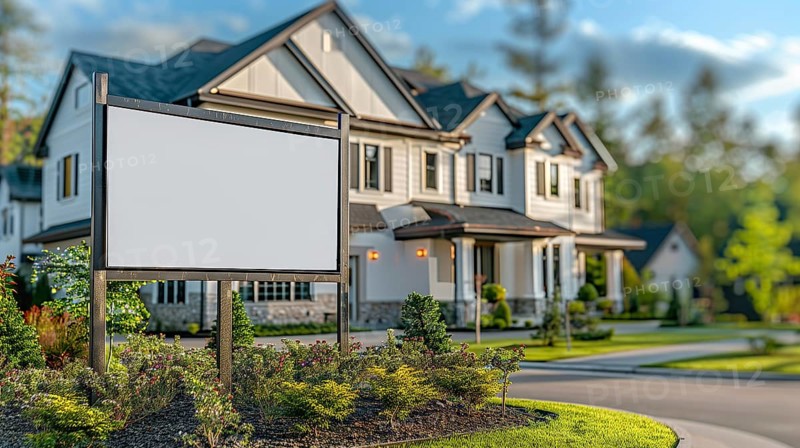 Blank real estate sign ready for your message in front of house or office. generative AI, AI generated