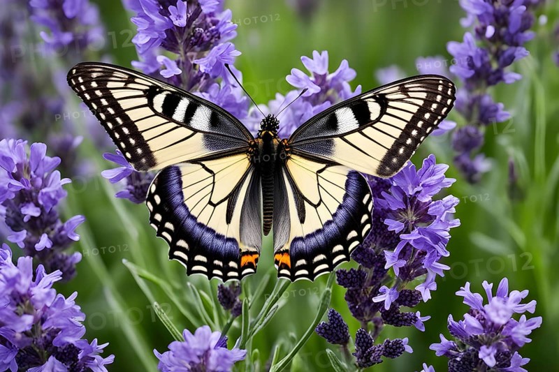 Butterfly resting on a blooming lavender plant, with its delicate wings fully spread and fine textures visible, AI generated