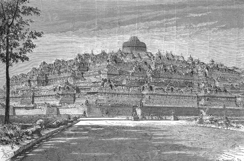 Borobudur, also Borobodur, is the largest Buddhist temple complex in the world, Java, Indonesia, Historical, digitally restored reproduction from a 19th century original, c. 1890, Record date not stated, Asia