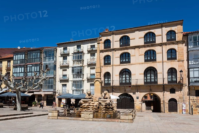 A quiet square with a fountain in the centre, surrounded by historic buildings under a clear blue sky, Plaza Major with the monument to the fallen erected in 1954, Soria, Castilla y León, Leon, Spain, Europe