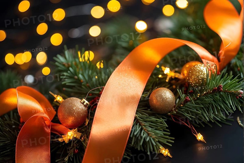 Christmas garland with gold and orange ribbons intertwined with pine needles and tiny twinkling lights, creating a luxurious, festive feel, AI generated