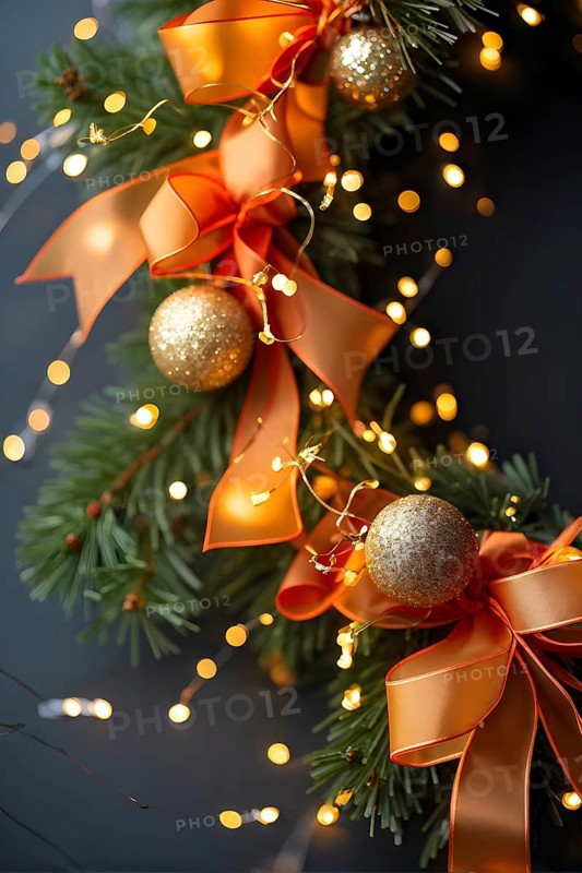 Christmas garland with gold and orange ribbons intertwined with pine needles and tiny twinkling lights, creating a luxurious, festive feel, AI generated