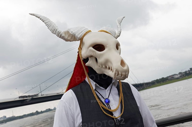 Costumed man wears scary mask, skull with screw horns, cosplay at Japantag Düsseldorf, Düsseldorf, North Rhine-Westphalia, Germany, Europe