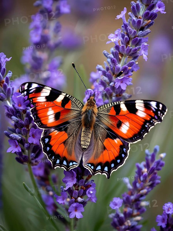 Butterfly resting on a blooming lavender plant, with its delicate wings fully spread and fine textures visible, AI generated
