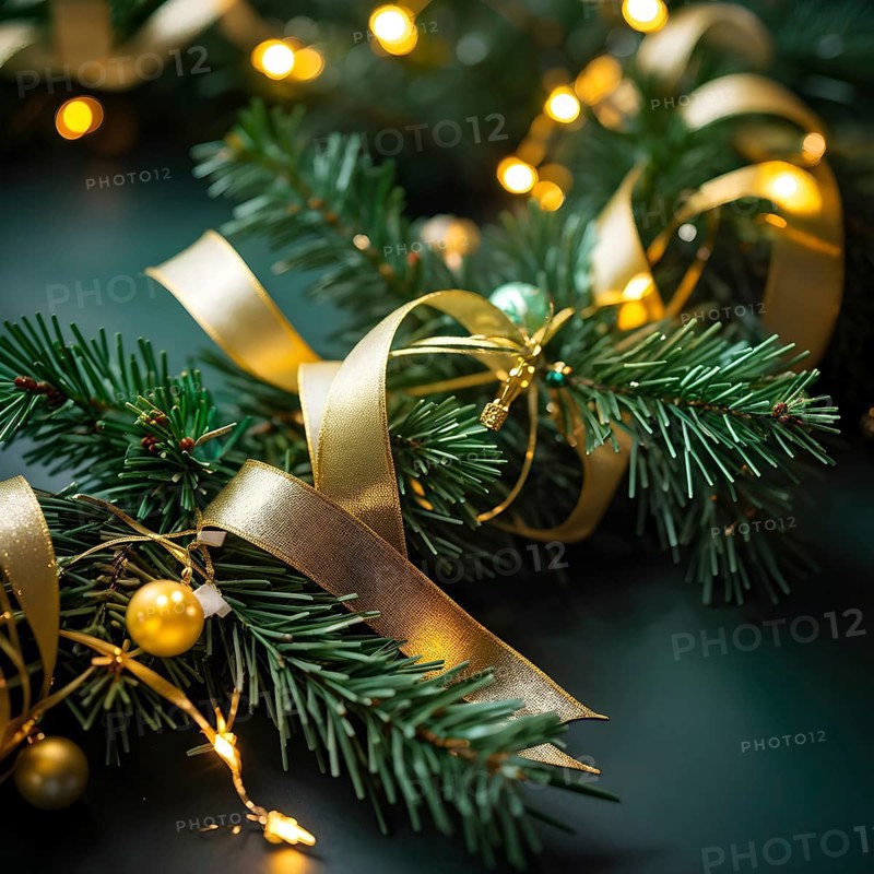 Christmas garland with golden ribbons intertwined with pine needles and tiny twinkling lights, creating a luxurious, festive feel, AI generated