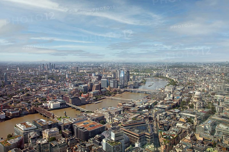 Sweeping views of the city and the River Thames with several bridges and buildings in London, United Kingdom, Europe