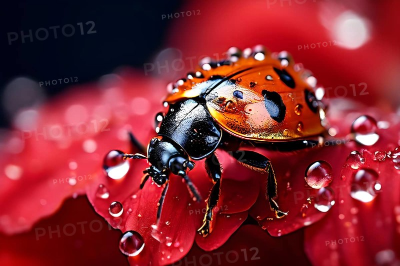 Ladybug crawling on a wet flower petal, with rain droplets, AI generated