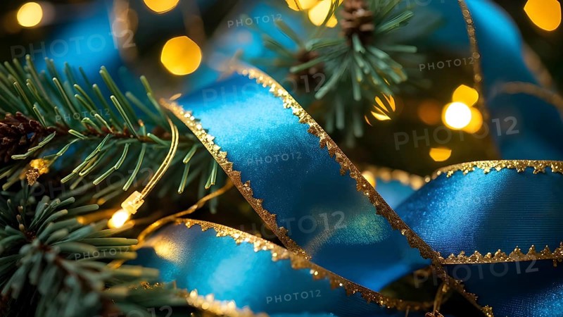 Christmas garland with gold and blue ribbons intertwined with pine needles and tiny twinkling lights, creating a luxurious, festive feel, AI generated
