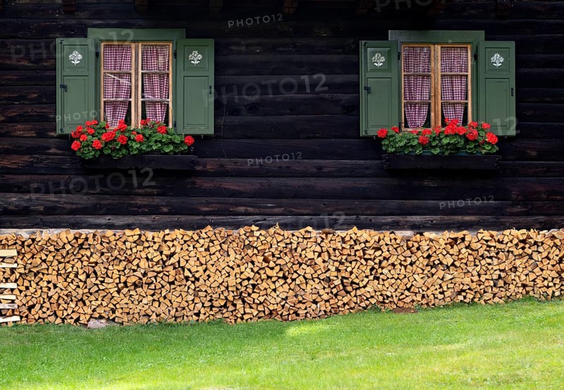 Log cabin with flower boxes, geraniums, shutters, stock of firewood, logs, romantic, Vigiljoch, Glaubensweg, near Lana, South Tyrol, Autonomous Province of Bolzano, Italy, Europe