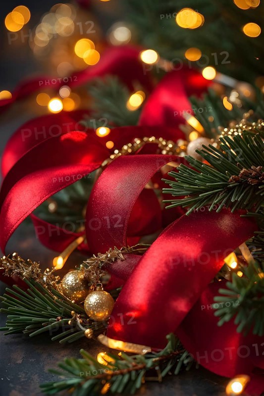 Christmas garland with gold and red ribbons intertwined with pine needles and tiny twinkling lights, creating a luxurious, festive feel, AI generated