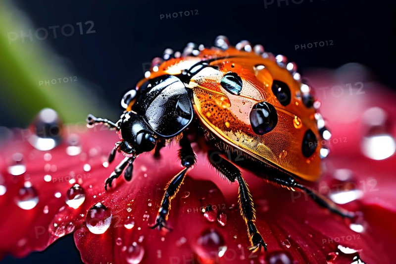 Ladybug crawling on a wet flower petal, with rain droplets, AI generated